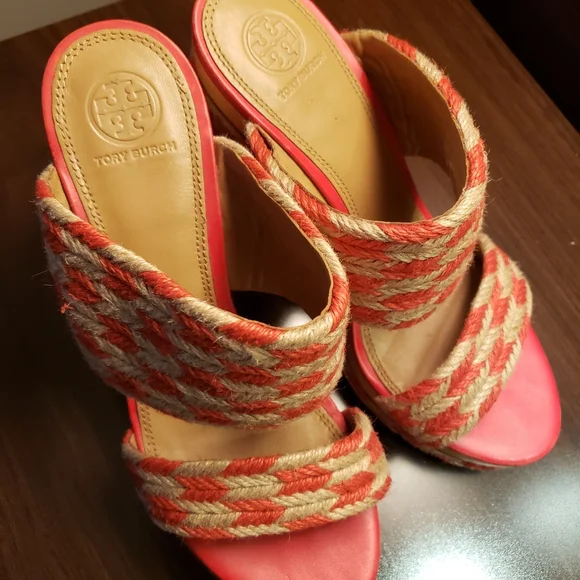 Tory Burch Women's Size 8.5 Lola Woven Jute Lthr Red Crm Platfrom Slide Sandals - Picture 11 of 14